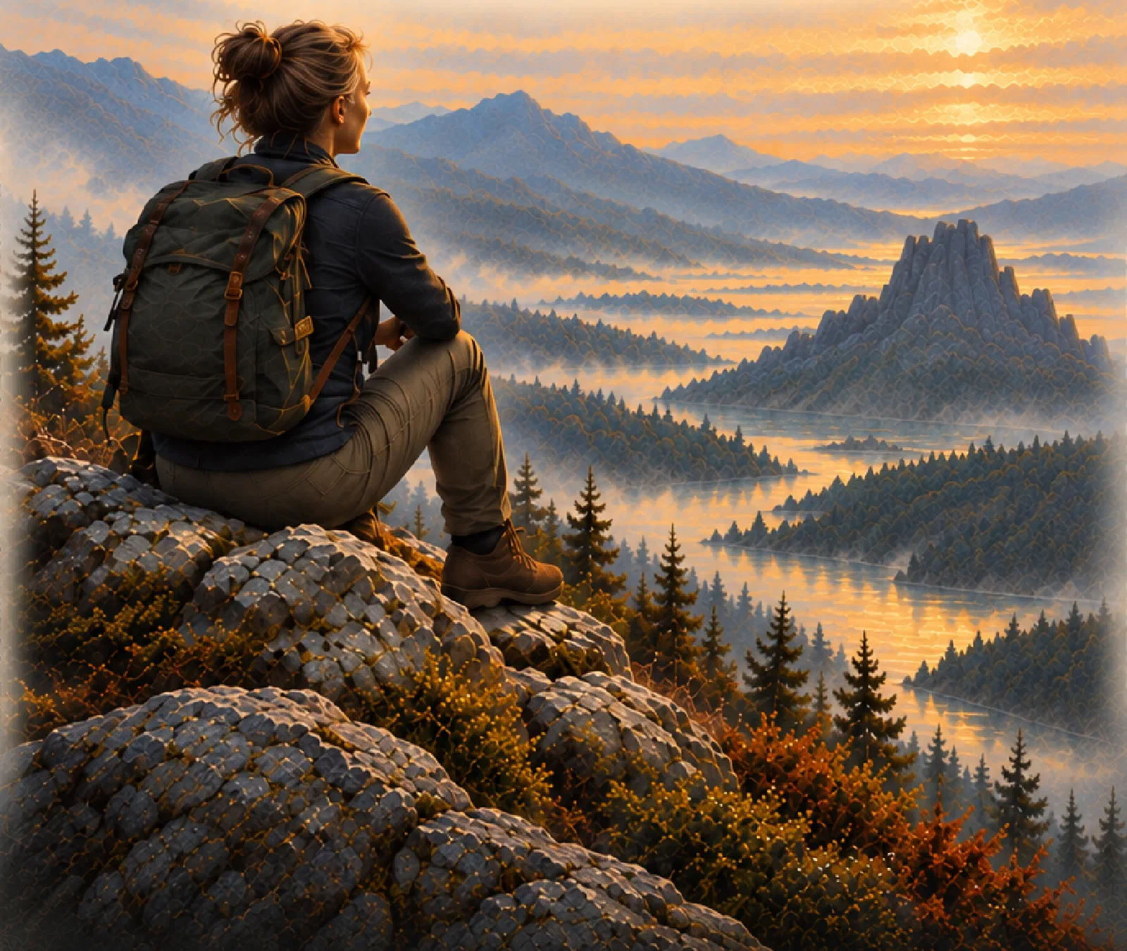 A hiker sits on a rocky outcrop looking out over misty mountains and a lake at sunrise