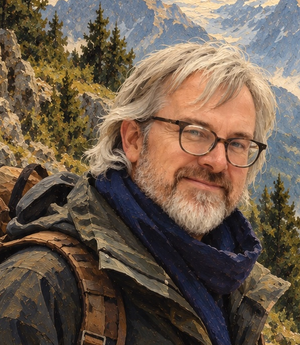 Portrait of Todd Vincent Crosby in a scarf and hiking jacket, with mountains behind him